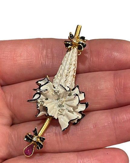 Vintage Fair lady fancy umbrella crystal enamel brooch