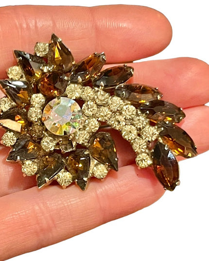 Vintage Large carmel brown crystal clear brooch AB 1960s