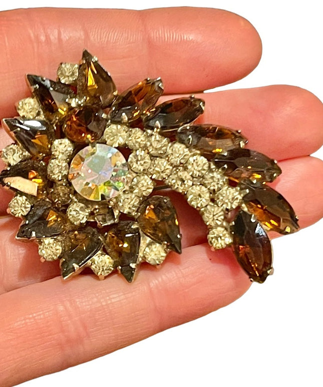 Vintage Large carmel brown crystal clear brooch AB 1960s