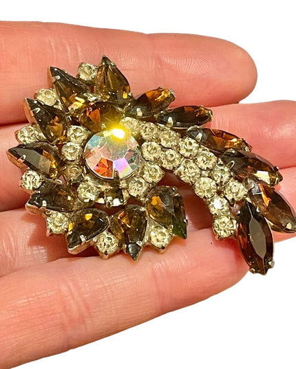 Vintage Large carmel brown crystal clear brooch AB 1960s