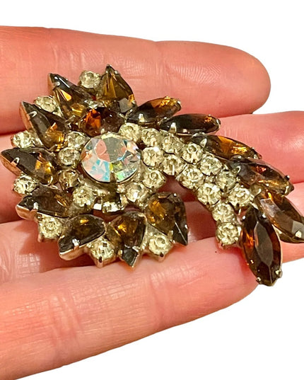 Vintage Large carmel brown crystal clear brooch AB 1960s