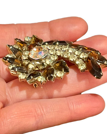 Vintage Large carmel brown crystal clear brooch AB 1960s