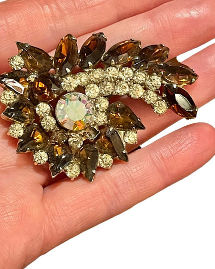 Vintage Large carmel brown crystal clear brooch AB 1960s