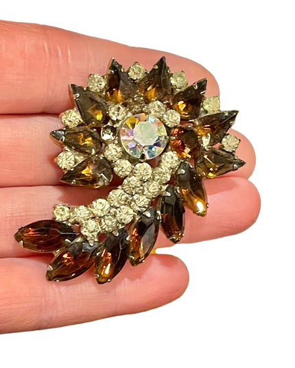 Vintage Large carmel brown crystal clear brooch AB 1960s