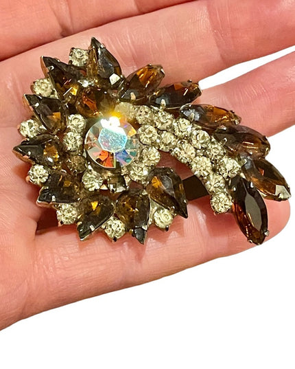 Vintage Large carmel brown crystal clear brooch AB 1960s