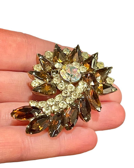 Vintage Large carmel brown crystal clear brooch AB 1960s
