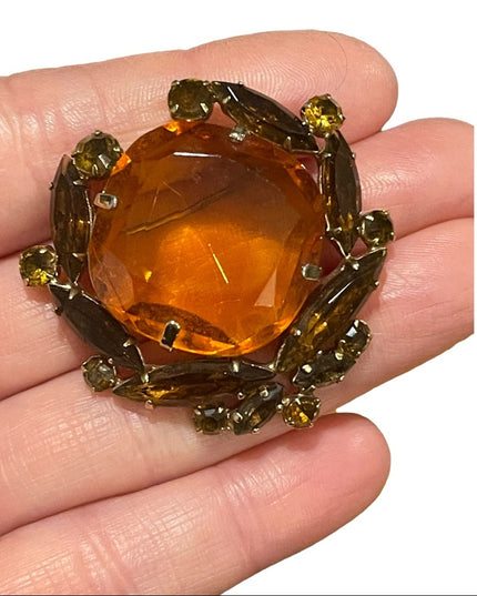 Vintage Amber brown crystal fancy majestic juliana?  brooch 1.5”