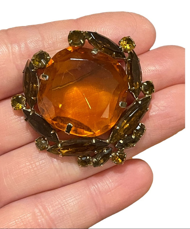 Vintage Amber brown crystal fancy majestic juliana?  brooch 1.5”