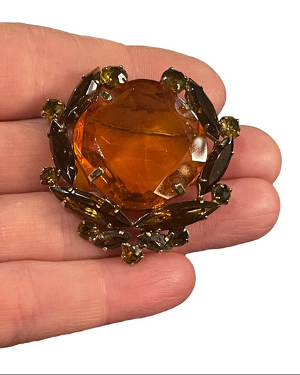 Vintage Amber brown crystal fancy majestic juliana?  brooch 1.5”