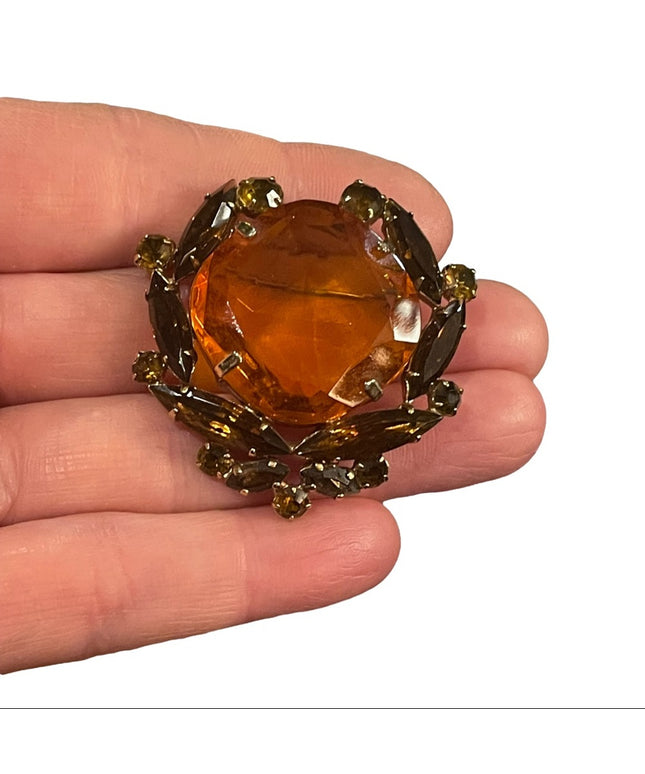 Vintage Amber brown crystal fancy majestic juliana?  brooch 1.5”