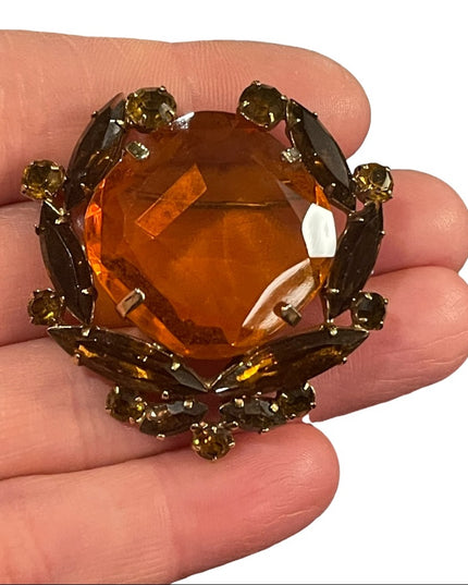 Vintage Amber brown crystal fancy majestic juliana?  brooch 1.5”