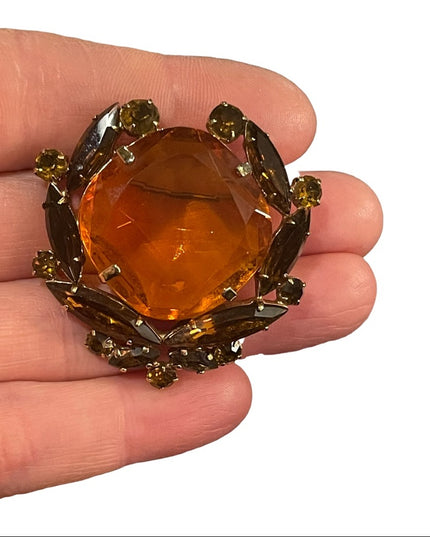 Vintage Amber brown crystal fancy majestic juliana?  brooch 1.5”
