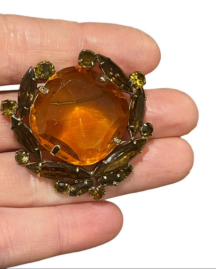 Vintage Amber brown crystal fancy majestic juliana?  brooch 1.5”
