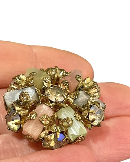 Vintage gold finish CZECH crystal glass flower brooch