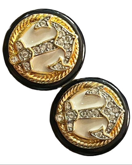 Vintage Ships anchor Nautical Earrings with black resin and crystal with enamel