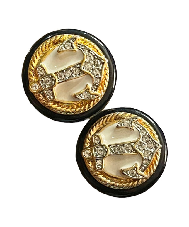Vintage Ships anchor Nautical Earrings with black resin and crystal with enamel