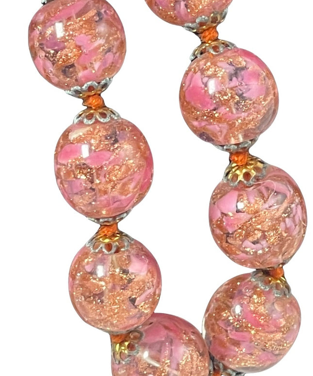 Vintage Italy Venetian glass beads copper spun pink hues necklace MURANO