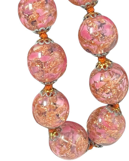Vintage Italy Venetian glass beads copper spun pink hues necklace MURANO
