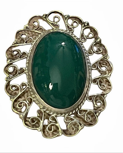 Vintage sterling silver agate pendant brooch oval filagree wire design