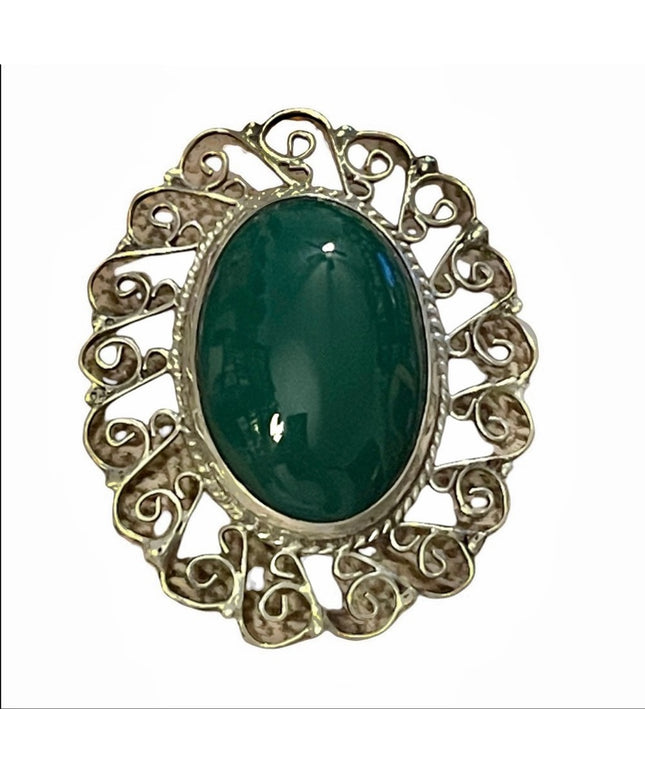 Vintage sterling silver agate pendant brooch oval filagree wire design