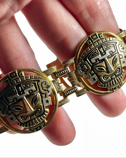 Vintage 1960s Gold plated damascene bangle bracelet chunky Inka God Spain
