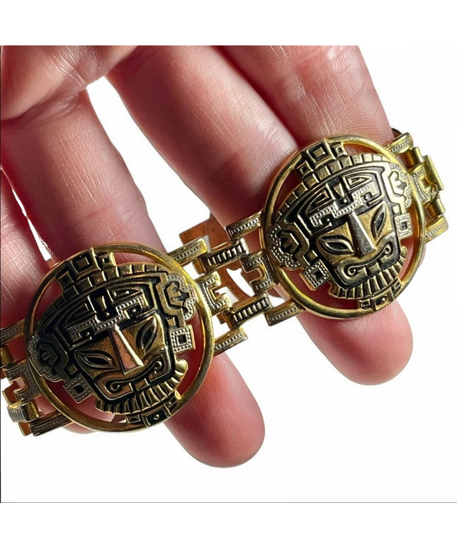 Vintage 1960s Gold plated damascene bangle bracelet chunky Inka God Spain