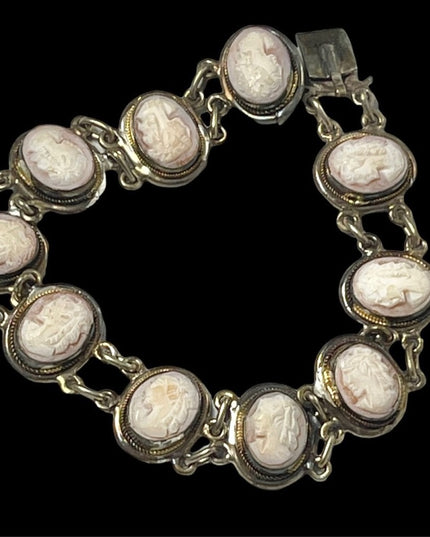 Vintage 800 Silver shell Cameo link bracelet appx 1930s