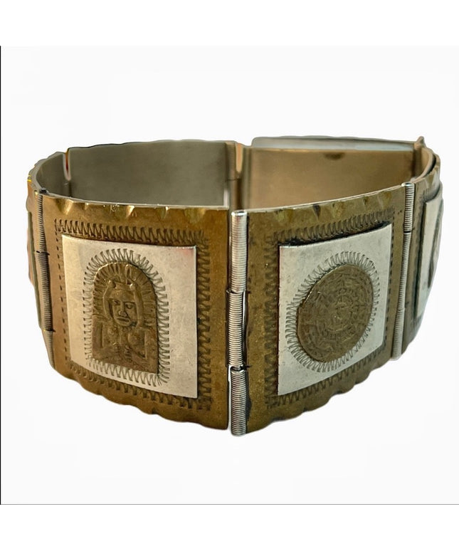 Vintage sterling silver Mayan Aztec Mex Bracelet