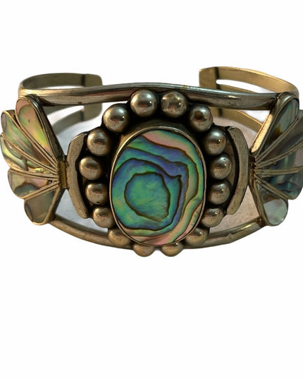 Vintage Alpaca silver Mexico abalone bangle bracelet cuff