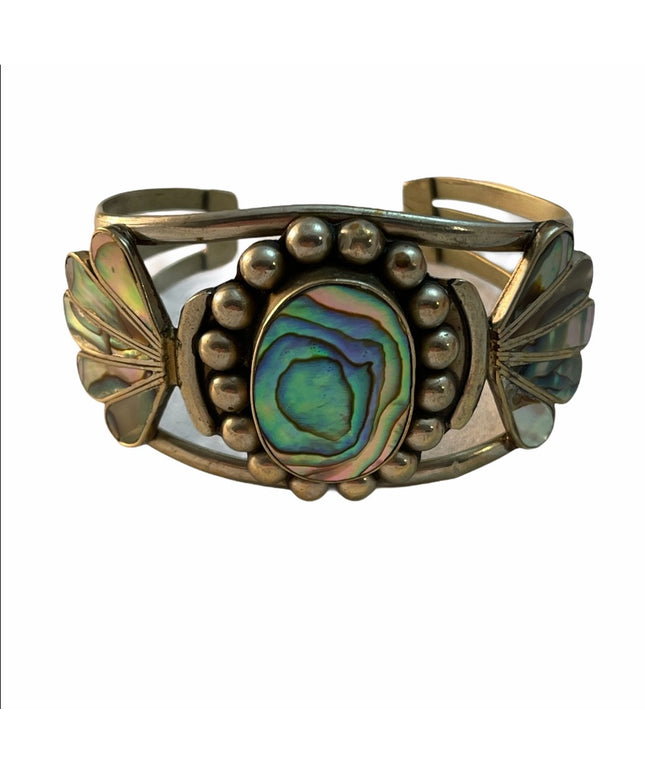 Vintage Alpaca silver Mexico abalone bangle bracelet cuff