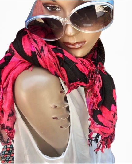 Light Airy Linen Type Scarf flowers black red