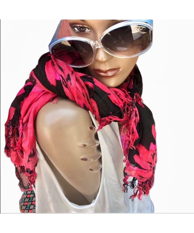 Light Airy Linen Type Scarf flowers black red