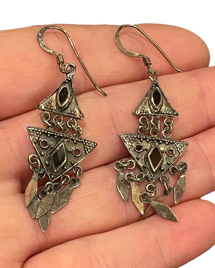 Vintage sterling silver 925 fancy black onyx dangle earrings