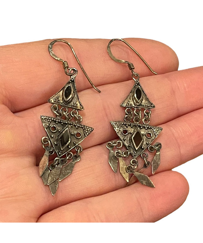 Vintage sterling silver 925 fancy black onyx dangle earrings