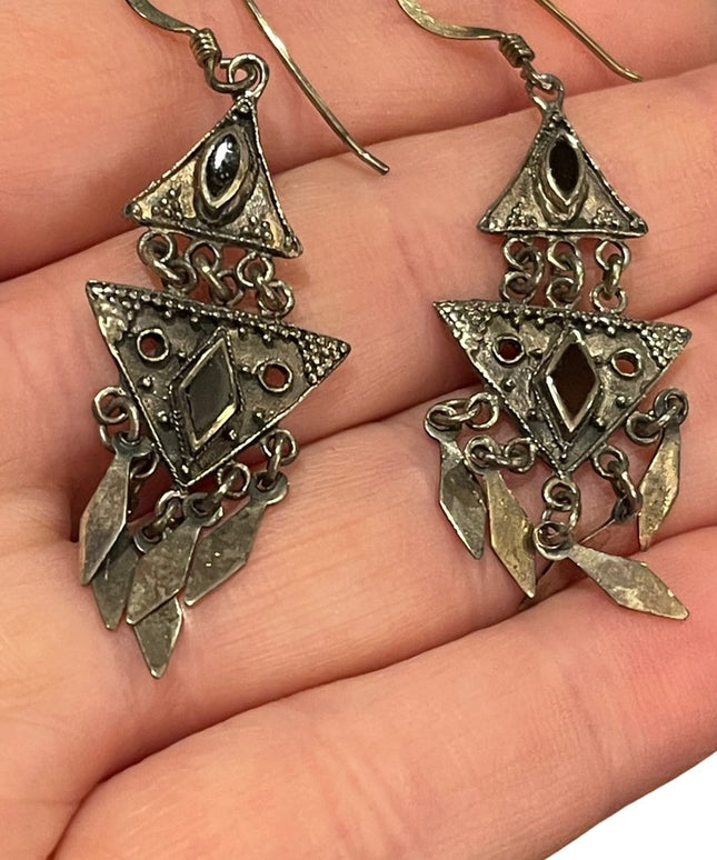Vintage sterling silver 925 fancy black onyx dangle earrings