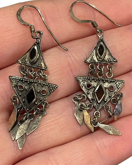 Vintage sterling silver 925 fancy black onyx dangle earrings