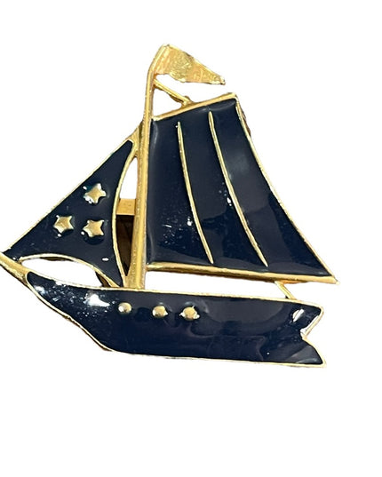 Vintage blue enamel gold finish sailboat sailing brooch