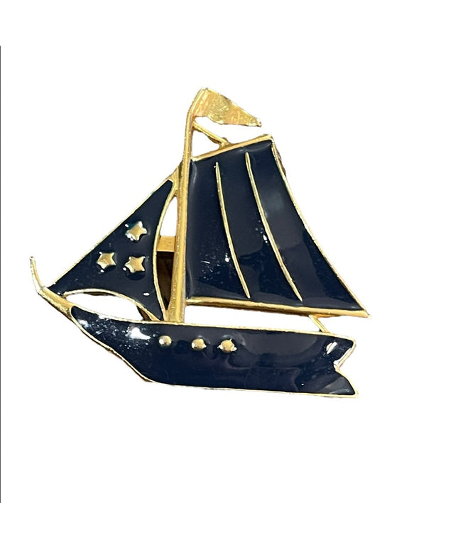 Vintage blue enamel gold finish sailboat sailing brooch