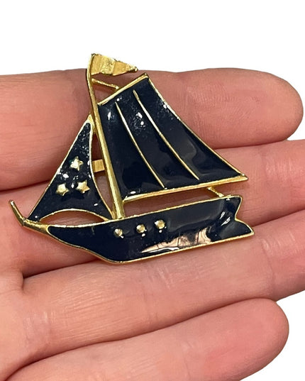 Vintage blue enamel gold finish sailboat sailing brooch