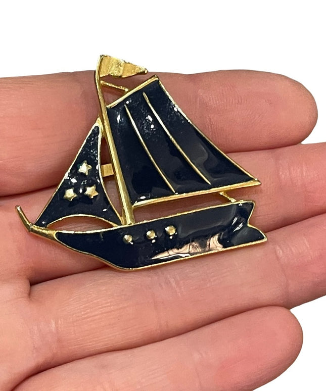 Vintage blue enamel gold finish sailboat sailing brooch
