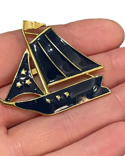 Vintage blue enamel gold finish sailboat sailing brooch