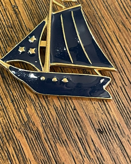 Vintage blue enamel gold finish sailboat sailing brooch