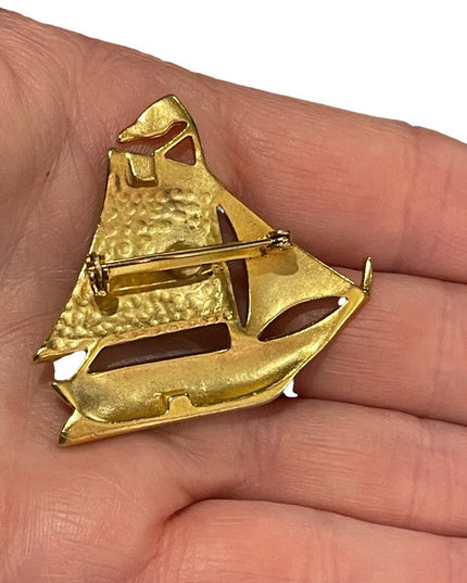 Vintage blue enamel gold finish sailboat sailing brooch