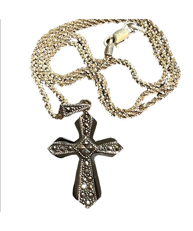 Vintage black onyx marcasite sterling silver 925 Fancy cross religious