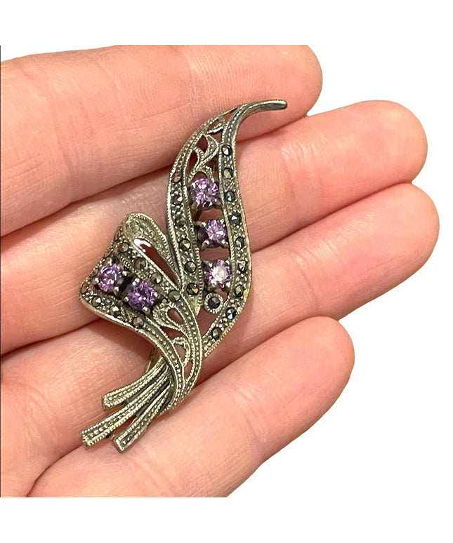 Vintage sterling silver amethyst 925 Marcasite brooch branch