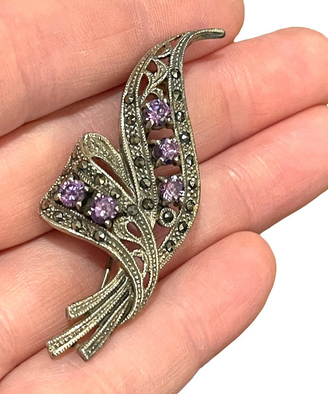 Vintage sterling silver amethyst 925 Marcasite brooch branch