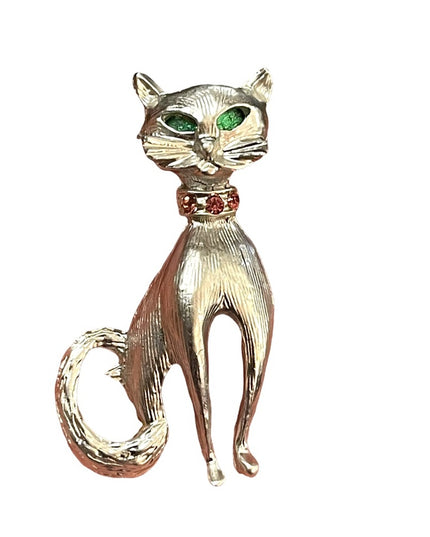 Vintage silver finush fancy Cat brooch w/ crystals