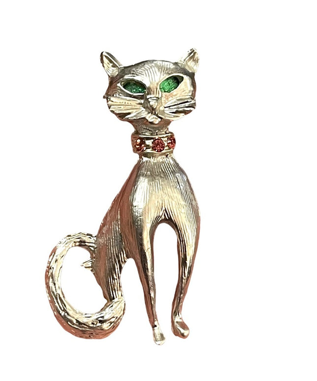 Vintage silver finush fancy Cat brooch w/ crystals