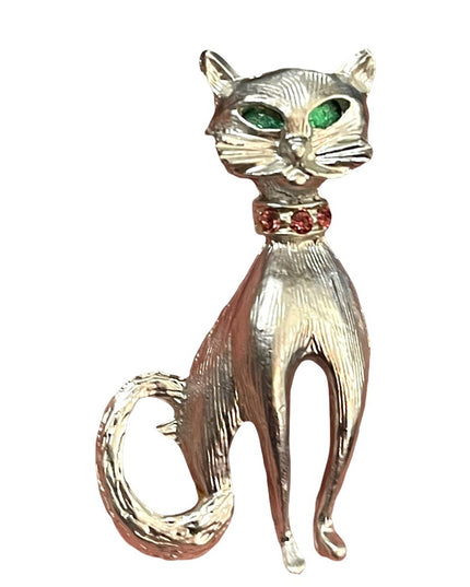 Vintage silver finush fancy Cat brooch w/ crystals