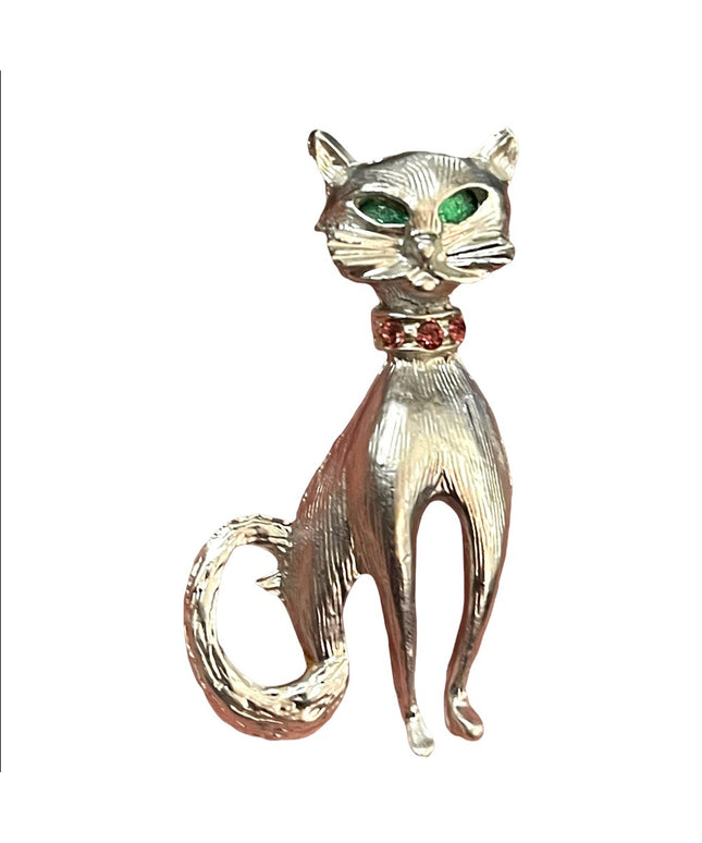 Vintage silver finush fancy Cat brooch w/ crystals